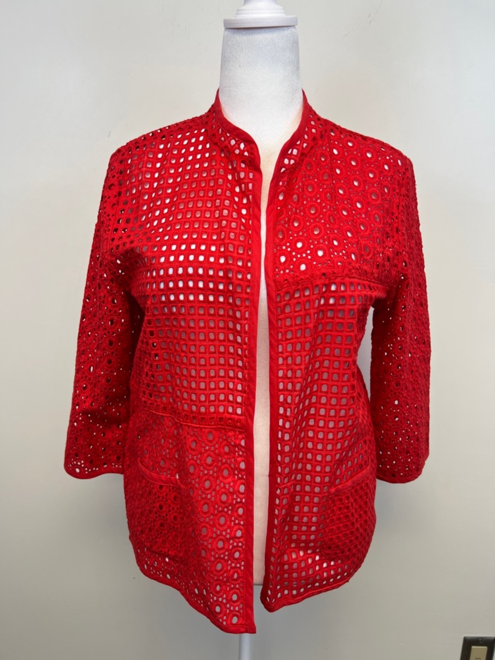 Joni B. Women's Chic Red Eyelet Open Front Jacket Blazer Pockets Size M